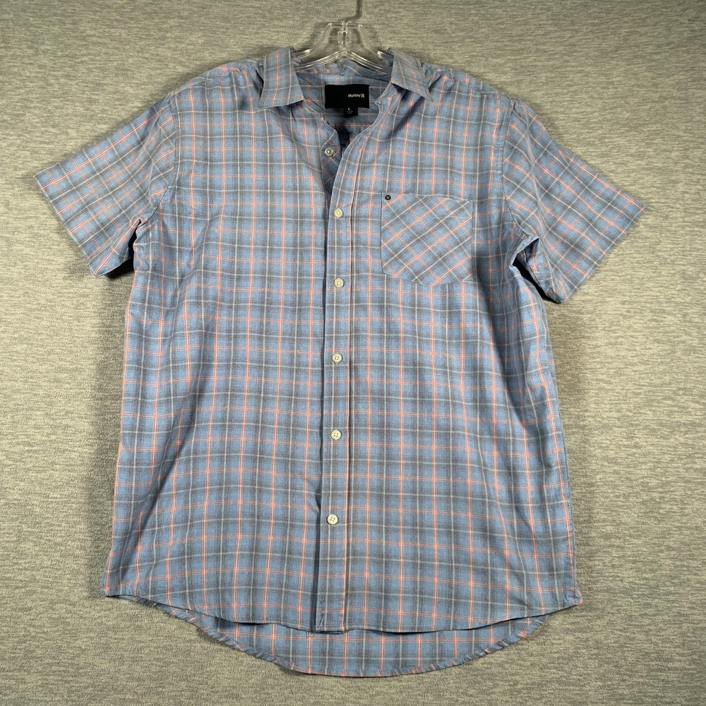 Hurley Shirt Mens Large Blue Plaid Short Sleeve Button Up Dri-Fit Nike Drifit